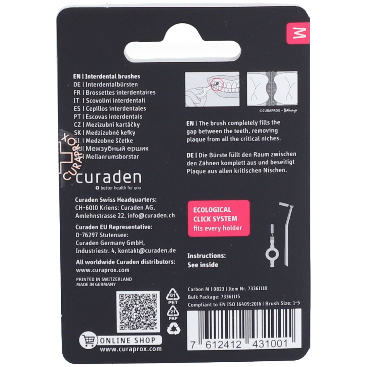 Achterkant van de CURAPROX Carbon Refill M verpakking. Informatie over interdentale borstels, fabrikantgegevens, eco-klik systeem en barcode.