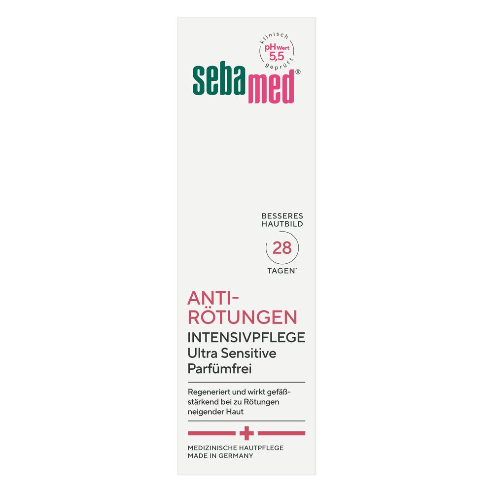 Boîte blanche avec informations produit. Marque sebamed®, Anti-Rougeurs, pH 5,5. Texte en allemand.