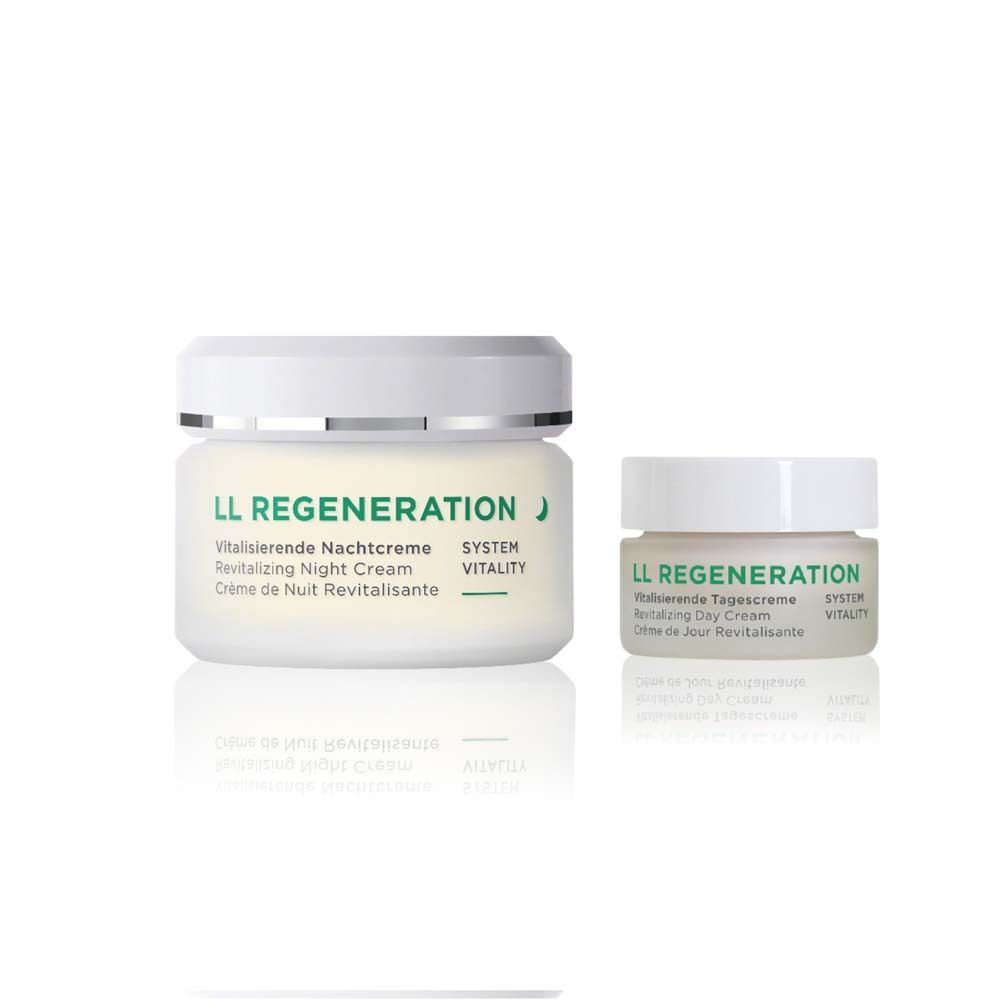 Deux pots de crème. Crème de nuit et crème de jour. Noms de produits et texte.