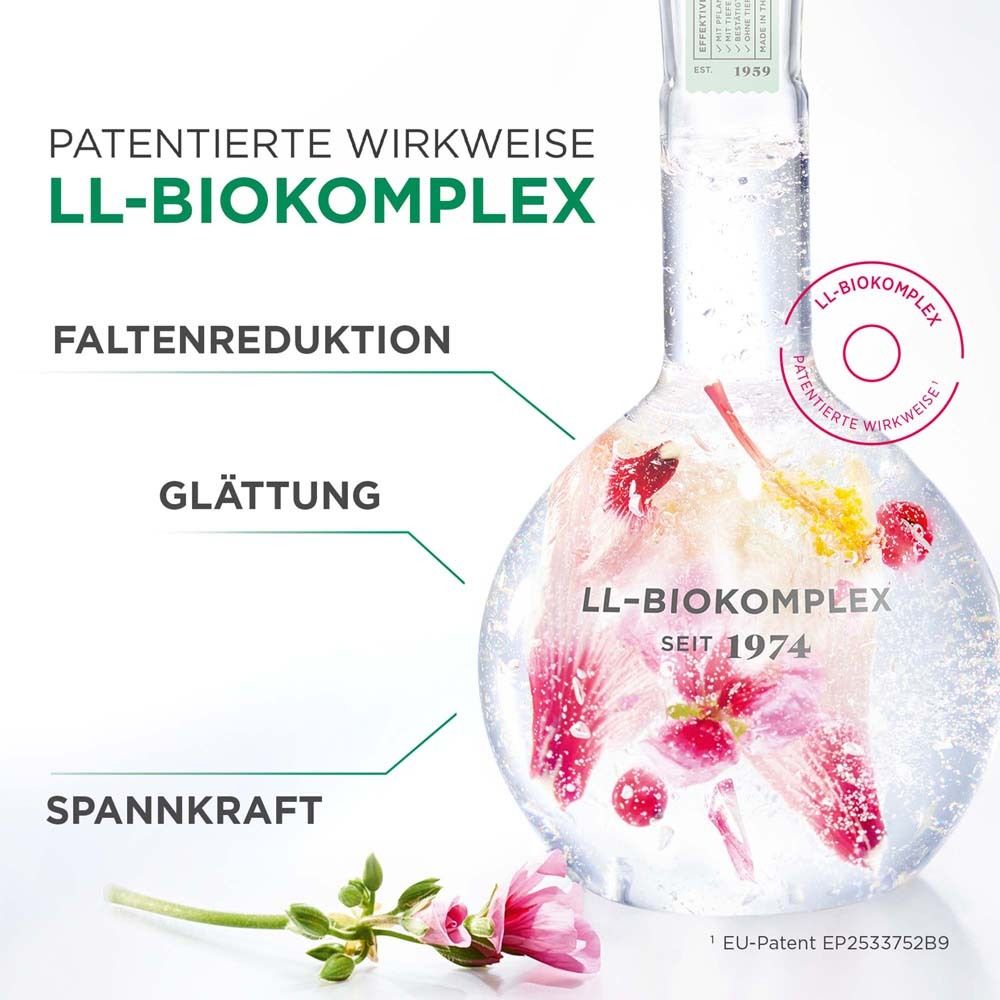Récipient en verre avec liquide et fleurs. Texte : LL-Biocomplexe, réduction des rides, lissage, élasticité.