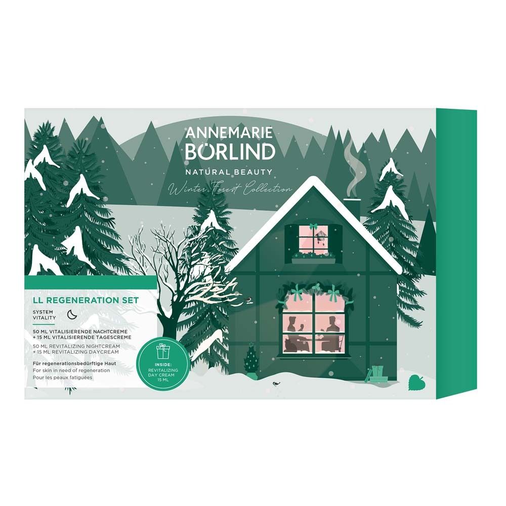 Coffret cadeau avec crème de nuit et de jour. Emballage avec motif hivernal et nom du produit.