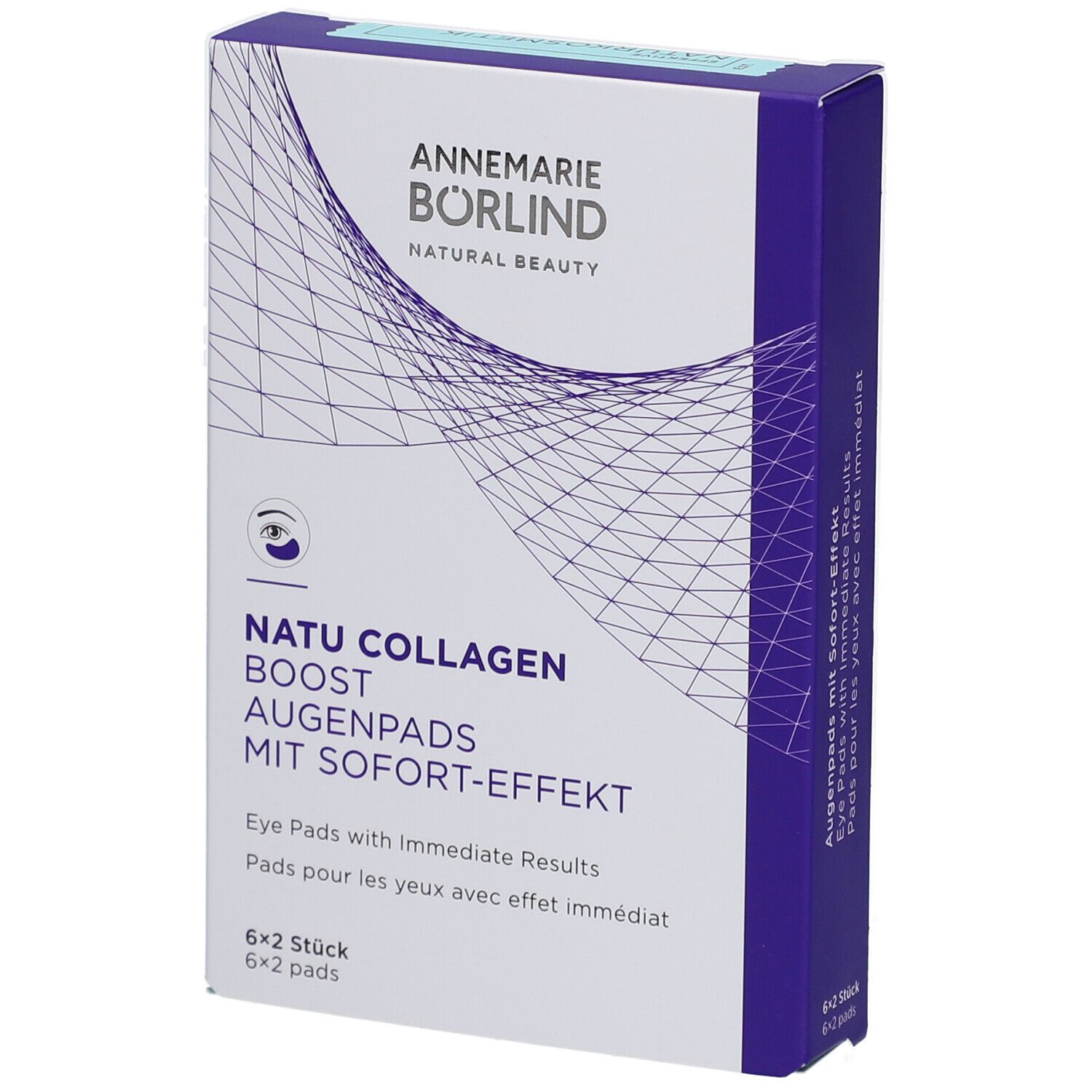 Boîte de coussinets pour les yeux. Marque : Annemarie Börlind. Texte : Natu Collagen Boost Augenpads avec effet immédiat. 6x2 pièces.