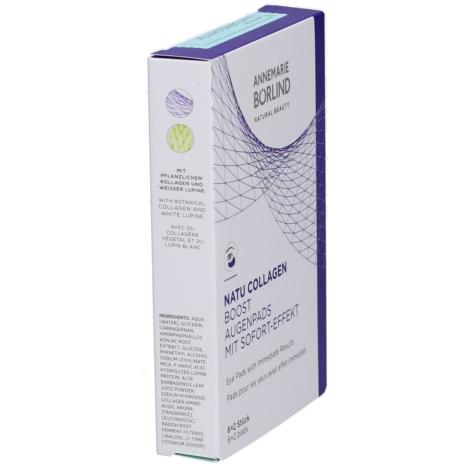 Boîte de coussinets pour les yeux. Marque : Annemarie Börlind. Texte : Natu Collagen Boost Augenpads avec effet immédiat. Ingrédients.