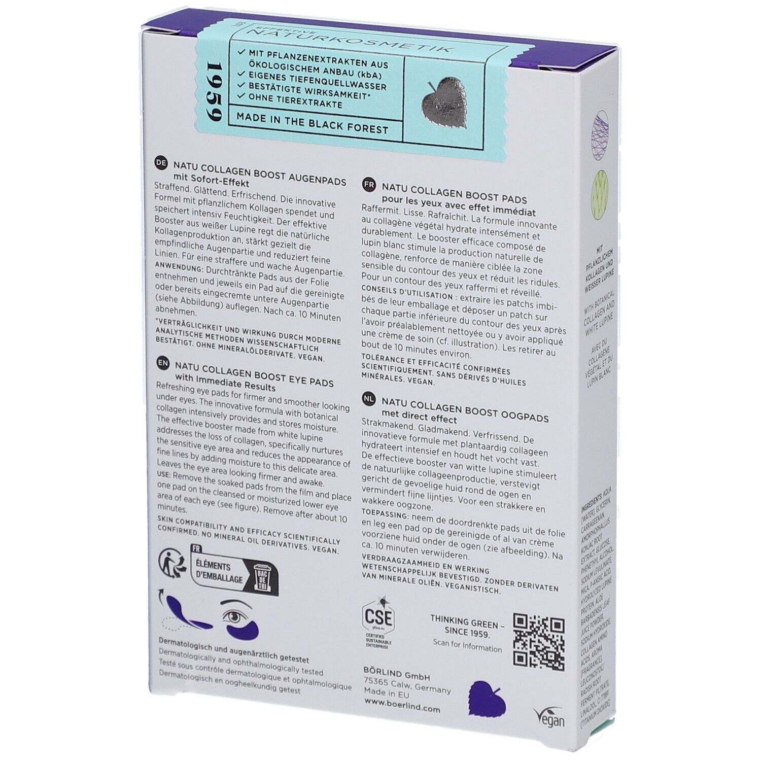 Dos de la boîte de coussinets pour les yeux. Texte : Natu Collagen Boost Augenpads. Certifications : cosmétiques naturels, végétalien.