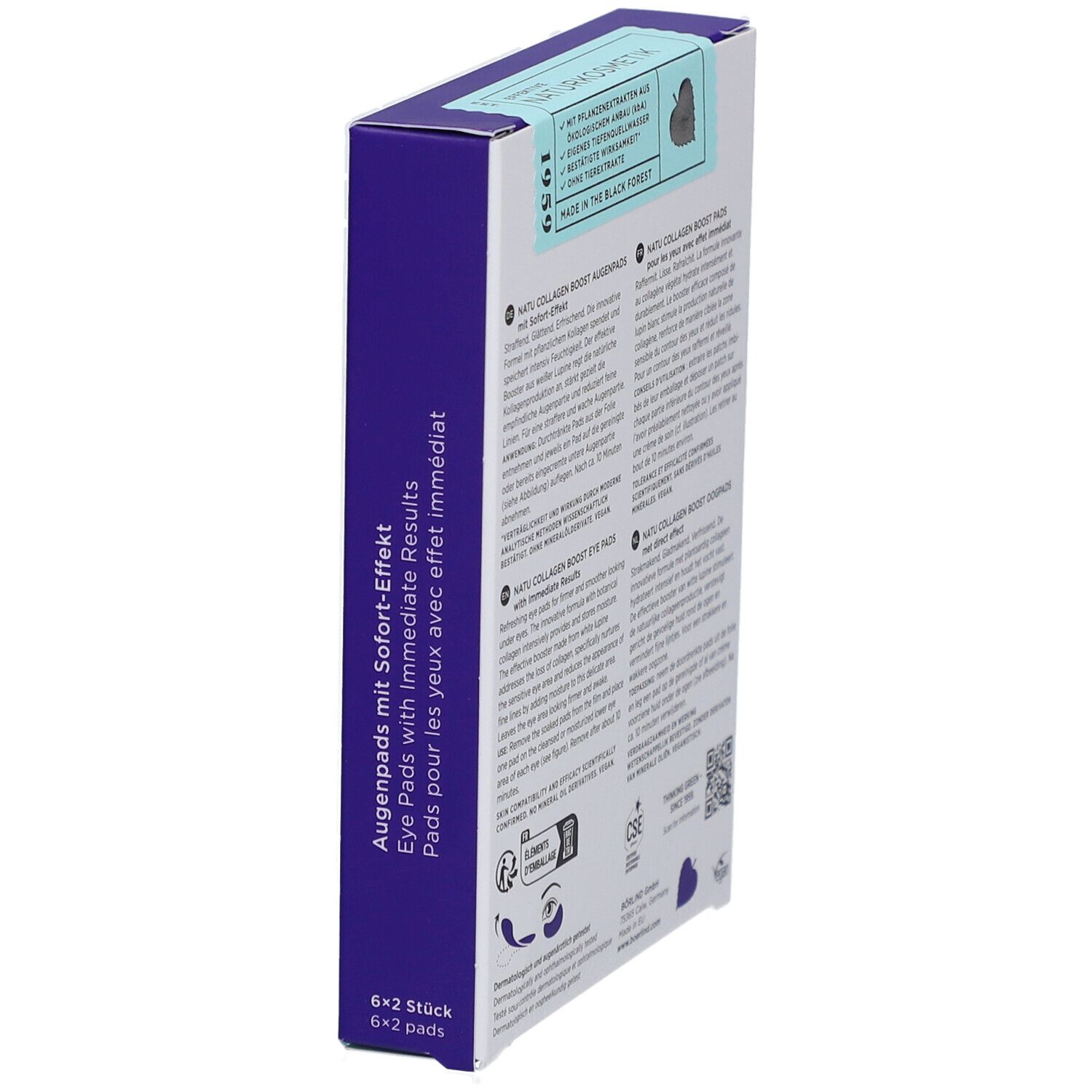 Vue latérale de la boîte de coussinets pour les yeux. Texte : Natu Collagen Boost Augenpads avec effet immédiat. 6x2 pièces.