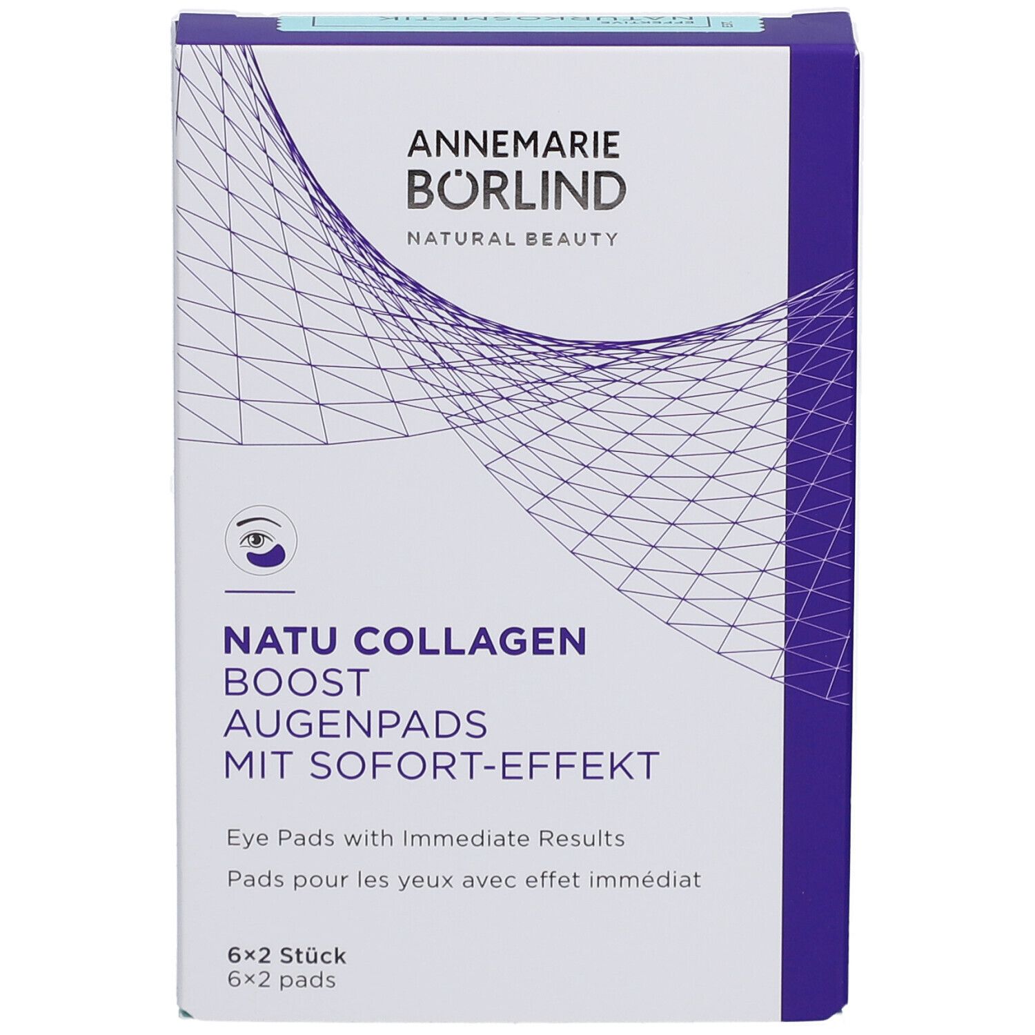 Face avant de la boîte de coussinets pour les yeux. Marque : Annemarie Börlind. Texte : Natu Collagen Boost Augenpads avec effet immédiat. 6x2 pièces.