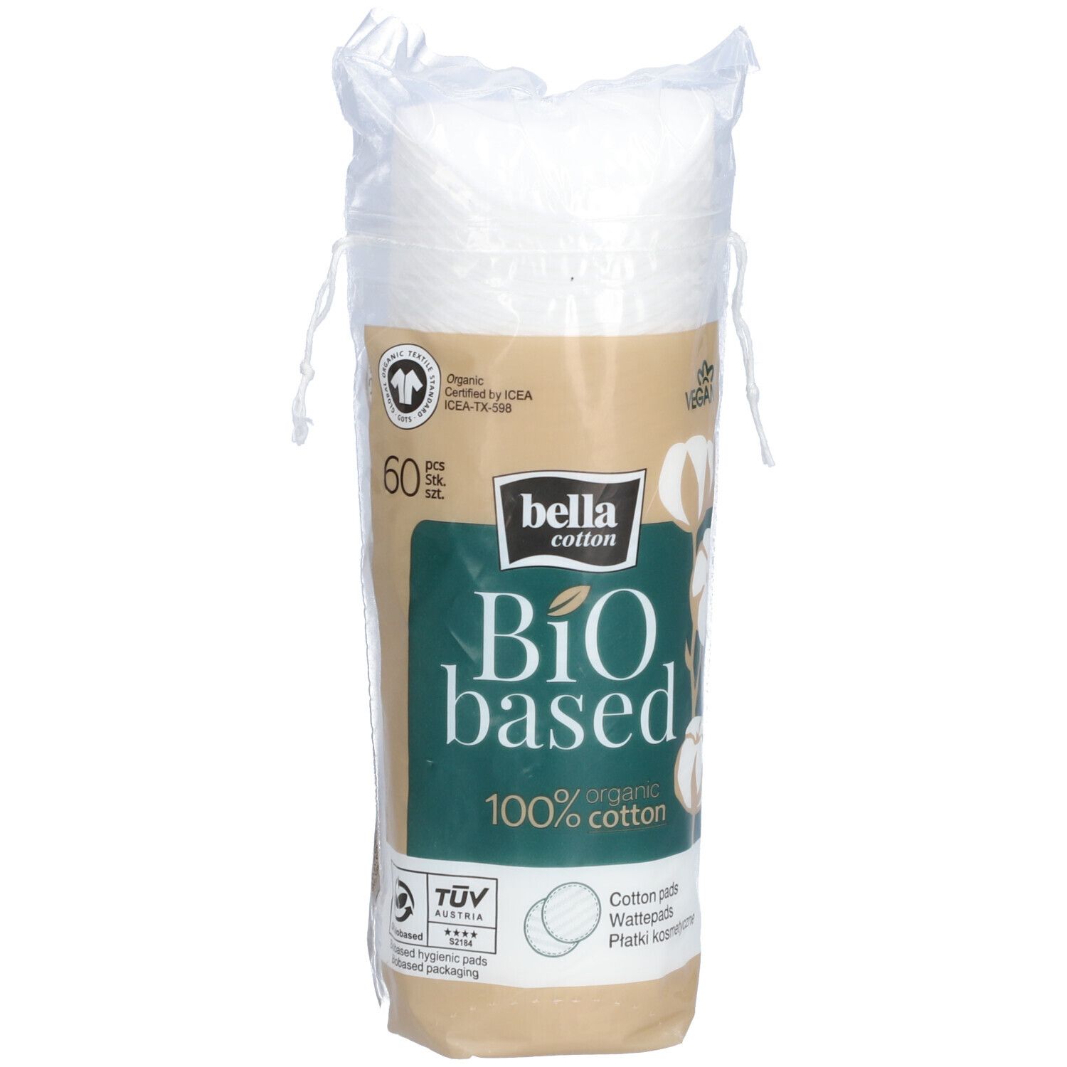 Verpakking met wattenschijfjes. Opschrift: bella cotton Bio based, 100% organic cotton. 60 stuks. Vegan.
