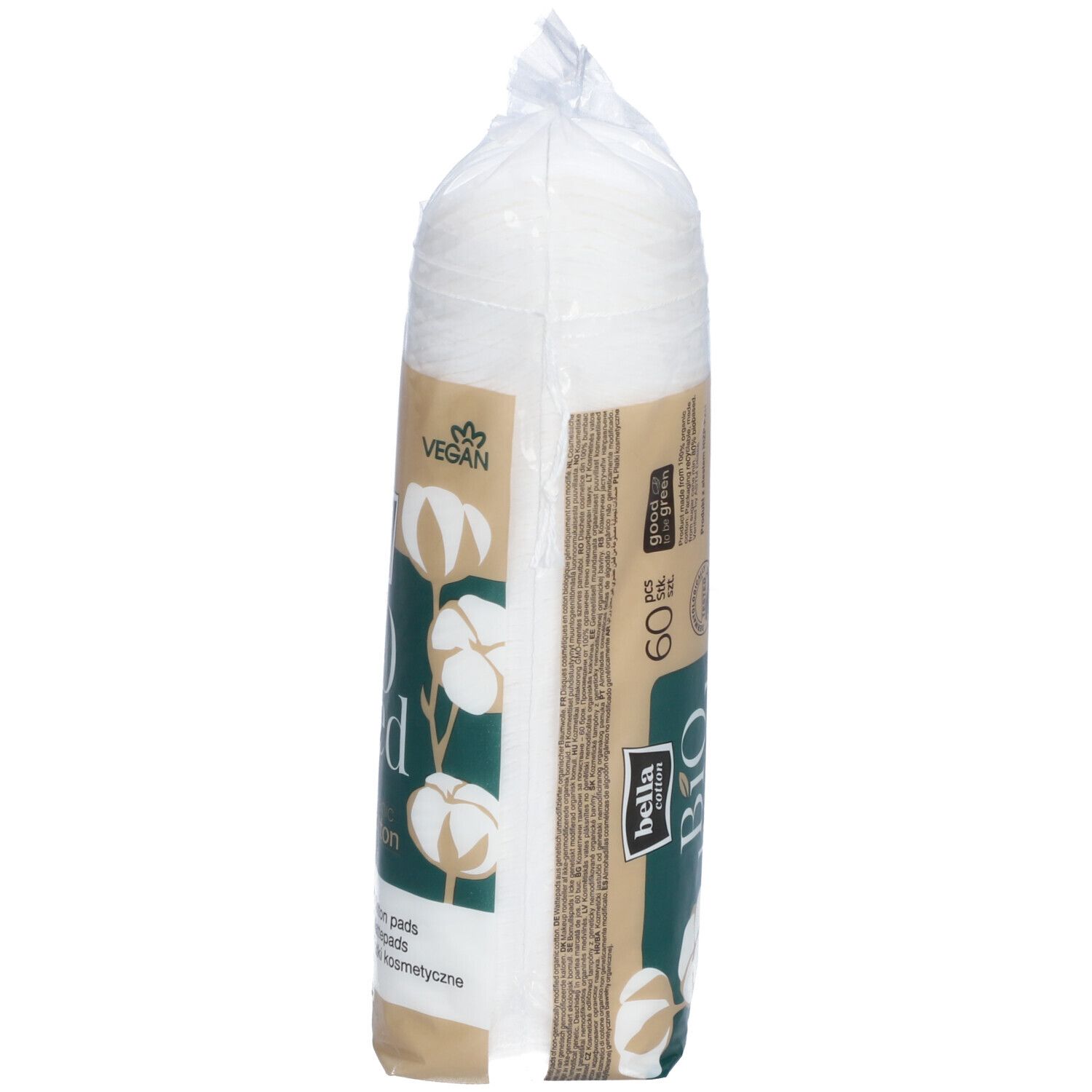 Verpakking met wattenschijfjes. Opschrift: bella cotton Bio based, 100% organic cotton. 60 stuks. Vegan.