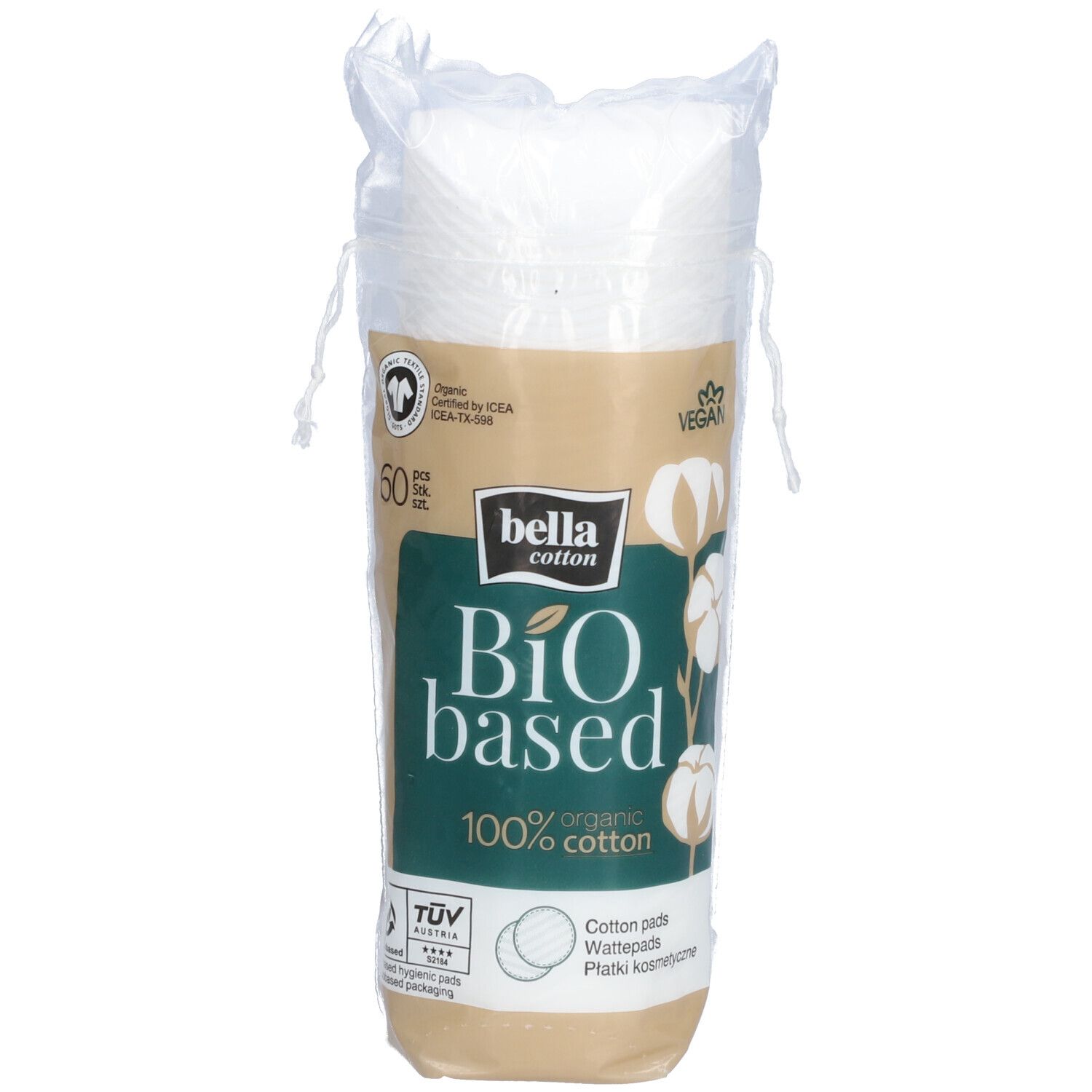 Verpakking met wattenschijfjes. Opschrift: bella cotton Bio based, 100% organic cotton. 50 stuks. Vegan.