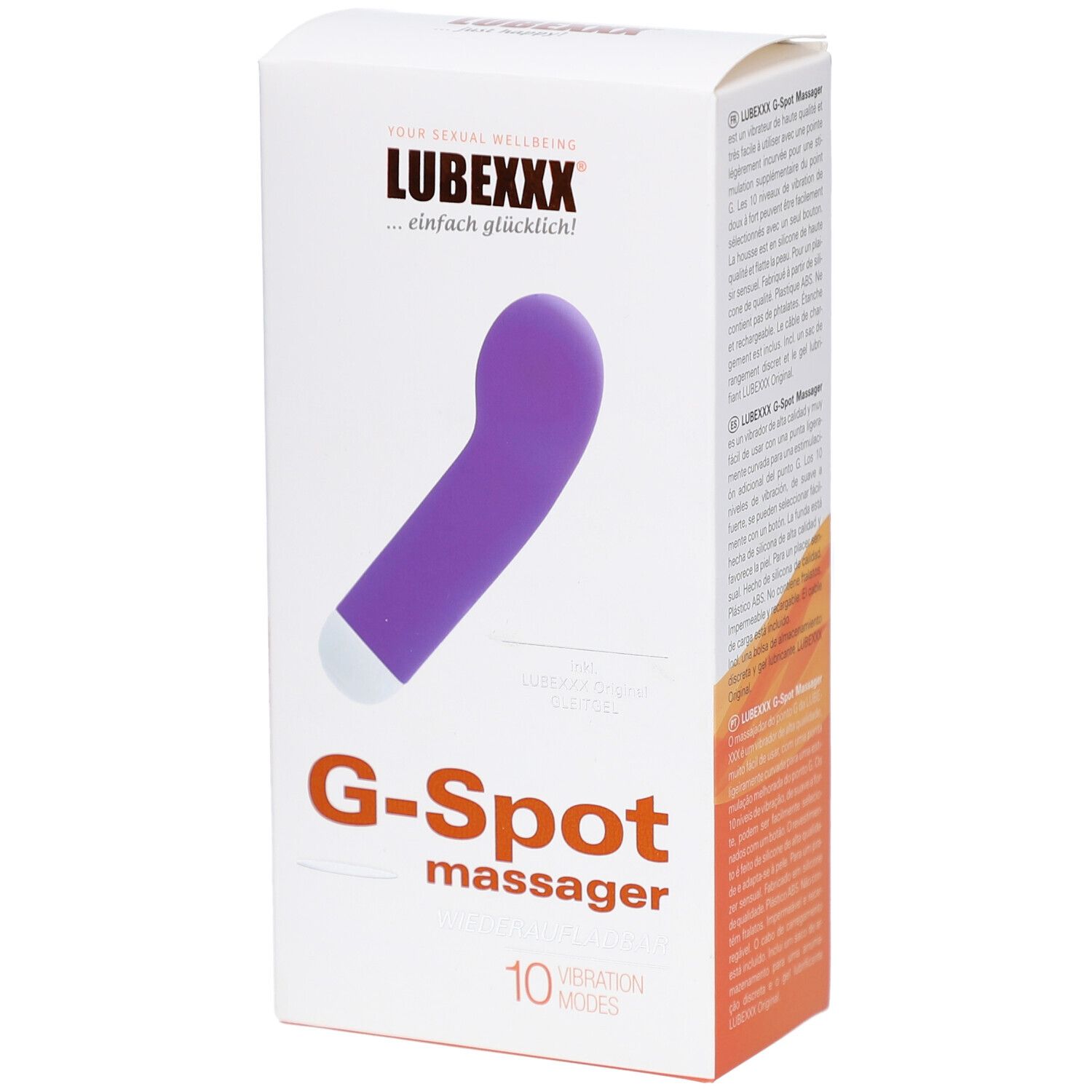 Boîte avec masseur G-Spot violet. Inscription: LUBEXXX, G-Spot massager, 10 modes de vibration.