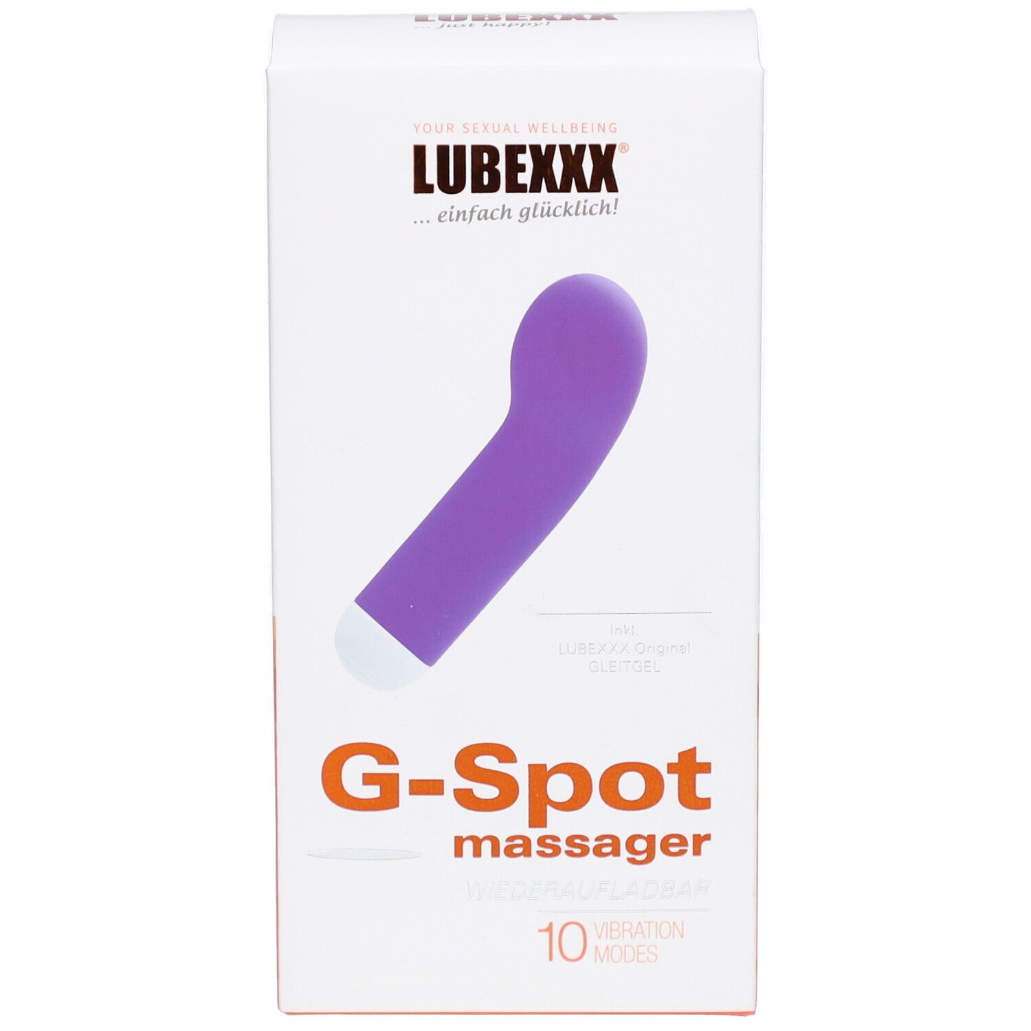 Boîte avec masseur G-Spot violet. Inscription: LUBEXXX, G-Spot massager, 10 modes de vibration.