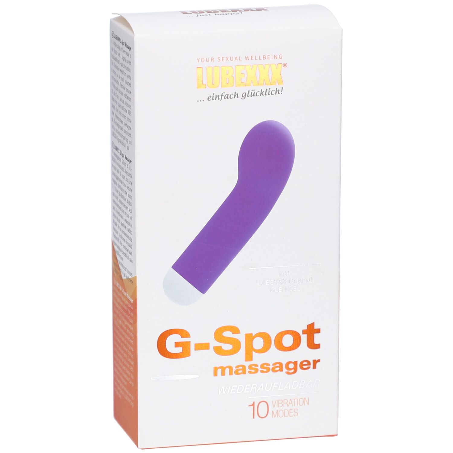 Boîte avec masseur G-Spot violet. Inscription: LUBEXXX, G-Spot massager, 10 modes de vibration.