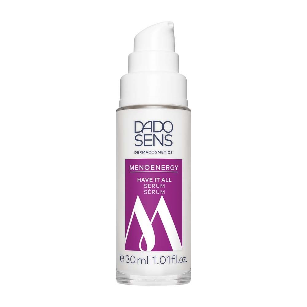 Flacon de sérum Dado Sens Menoenergy. Flacon blanc avec pompe et étiquette violette. 30 ml.