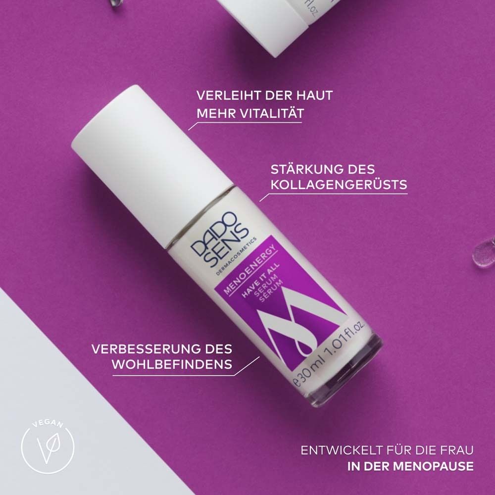 Flacon de sérum Dado Sens Menoenergy avec texte. Fond violet avec texte. Logo vegan.