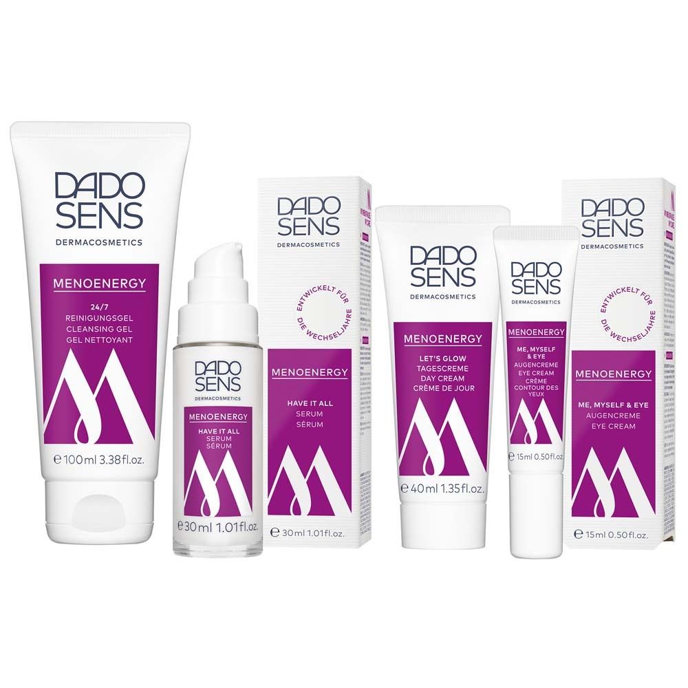 Produits Dado Sens Menoenergy. Gel nettoyant, sérum, crème de jour, crème pour les yeux. Emballages.