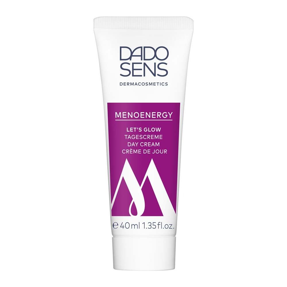 Witte tube met paarse accenten. Opschrift: MENOENERGY, LET'S GLOW Day Cream. 40ml.