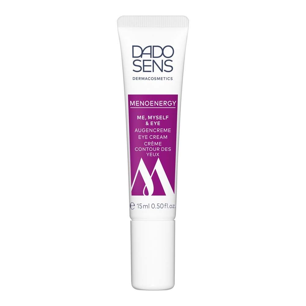 Tube de crème pour les yeux DADO SENS. Blanc, avec des accents violets. Texte : MENOENERGY, ME, MYSELF & EYE, crème contour des yeux, 15ml.
