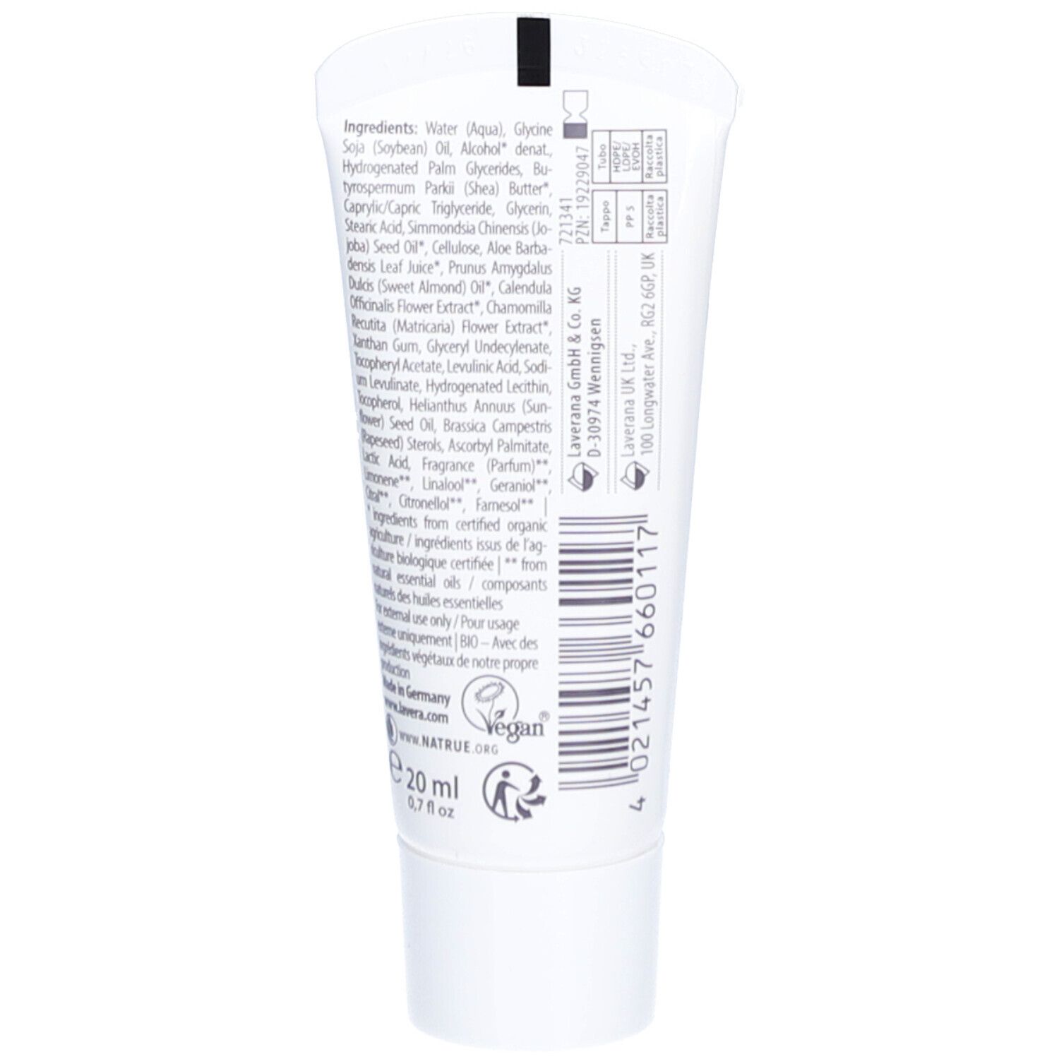 Achterkant van de handcrèmetube. Bevat ingrediënten, Vegan-zegel, NATRUE-zegel. Tekst in het Duits en Engels. 20 ml.