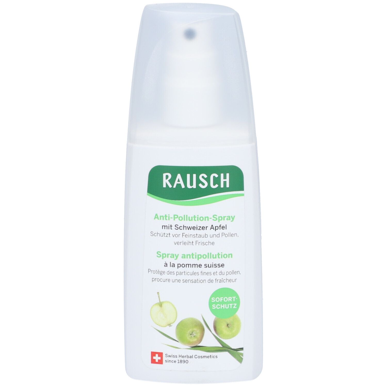 Witte spray met groen etiket. Opschrift: RAUSCH Anti-Pollution-Spray. Afbeelding van appels. Transparante dop.
