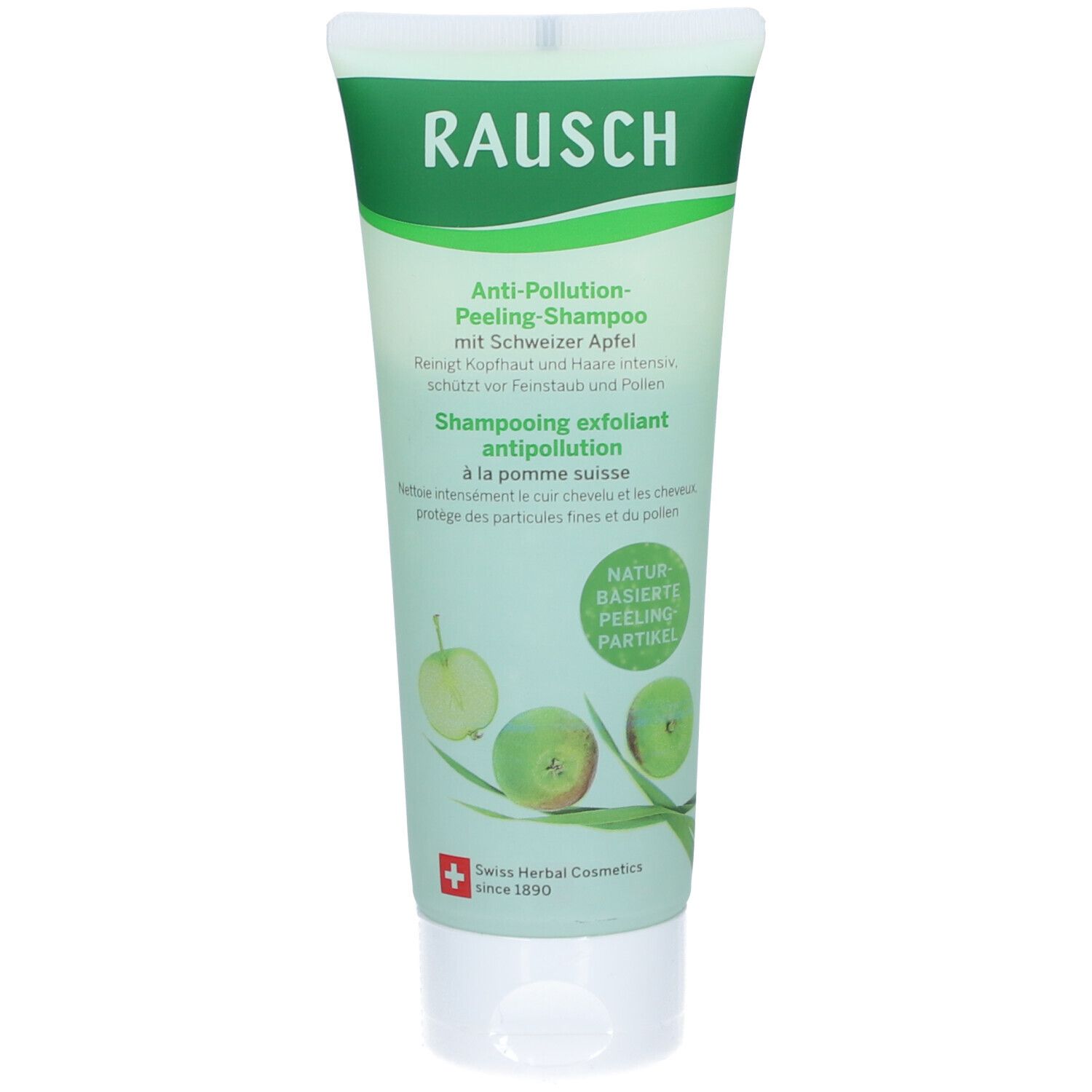 Tube verte avec bouchon blanc. "RAUSCH" en haut. En dessous, "Anti-Pollution-Peeling-Shampooing". Illustration de pommes et de feuilles.