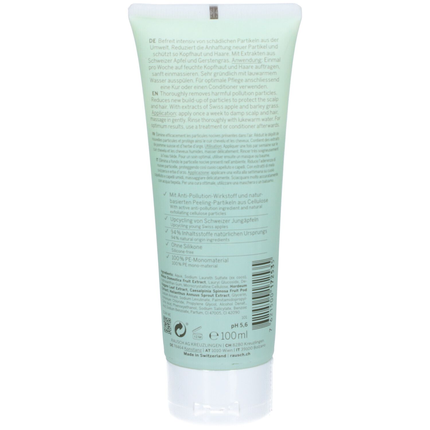 Dos du tube vert. Texte en plusieurs langues. "e100ml" en bas.