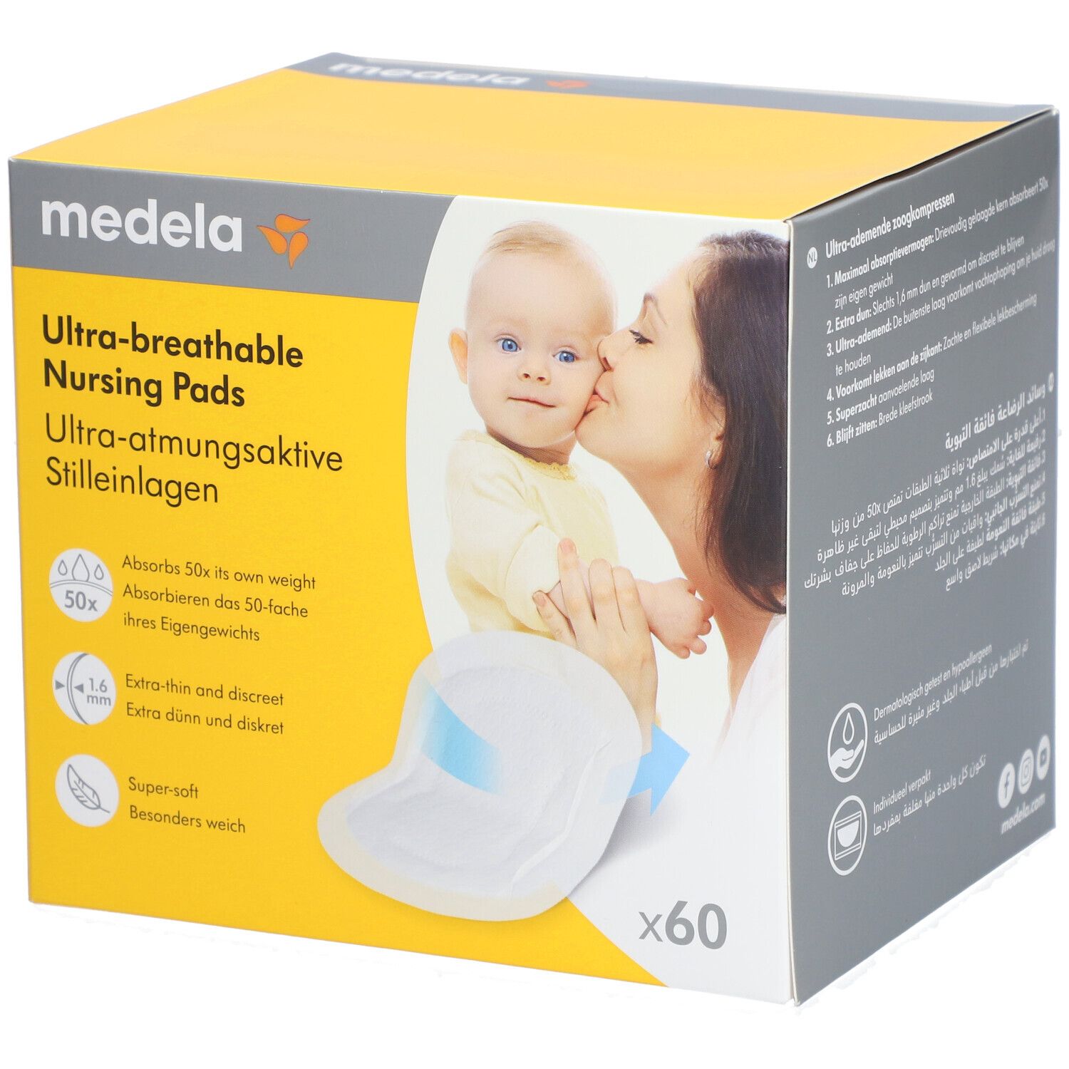 Boîte de coussinets d'allaitement medela. Inscription : Ultra-respirants. Contient 60 pièces. Image : Mère et enfant.