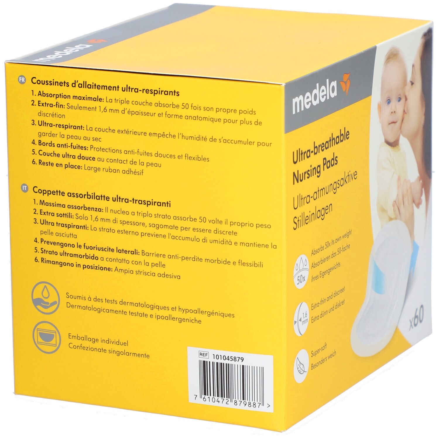 Boîte avec informations produit. Marque : medela. Texte en allemand, italien, néerlandais et français. Contient 60 pièces.