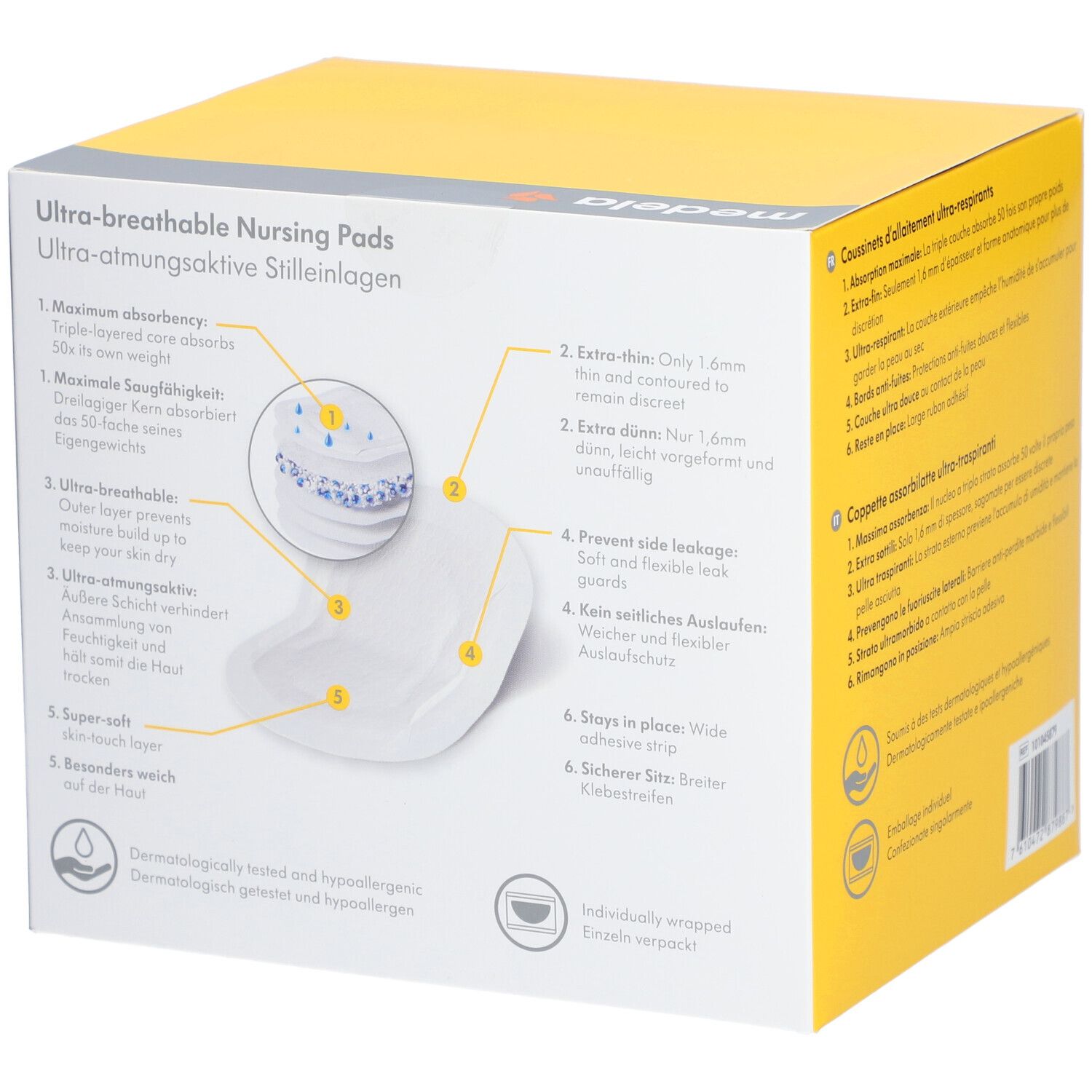 Boîte avec caractéristiques du produit. Marque : medela. Texte et graphiques montrent les caractéristiques. Emballé individuellement. Testé dermatologiquement.