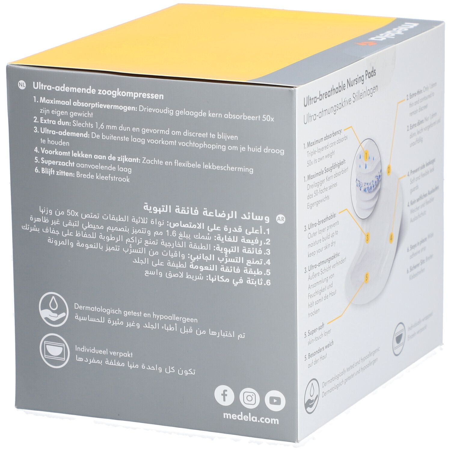 Boîte avec caractéristiques du produit. Marque : medela. Texte en plusieurs langues. Testé dermatologiquement. Emballé individuellement.