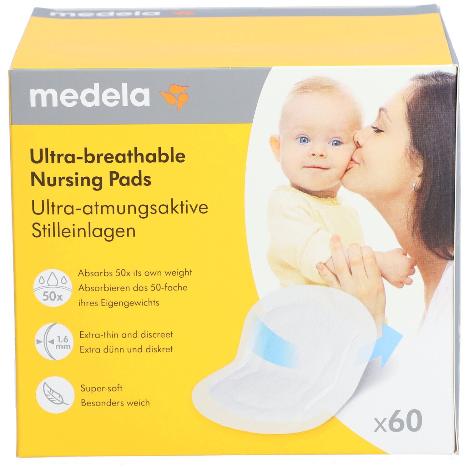 Boîte de coussinets d'allaitement medela. Inscription : Ultra-respirants. Contient 60 pièces. Image : Mère et enfant.