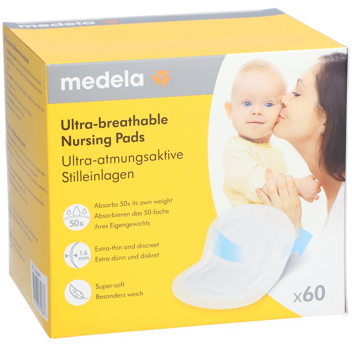 Boîte de coussinets d'allaitement medela. Inscription : Ultra-respirants. Contient 60 pièces. Image : Mère et enfant.