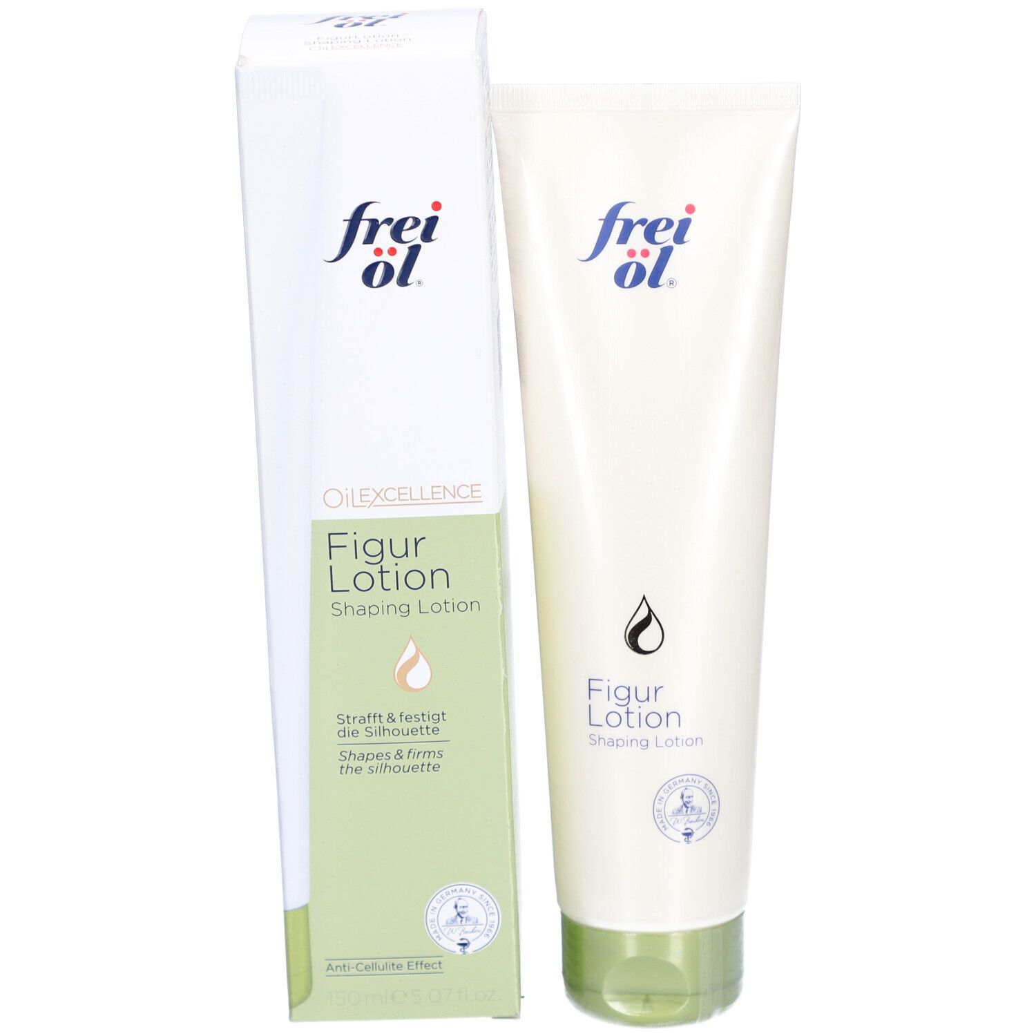 Produit et emballage. Tube et boîte blancs. Inscription : frei öl, Figur Lotion, Shaping Lotion. Vert.