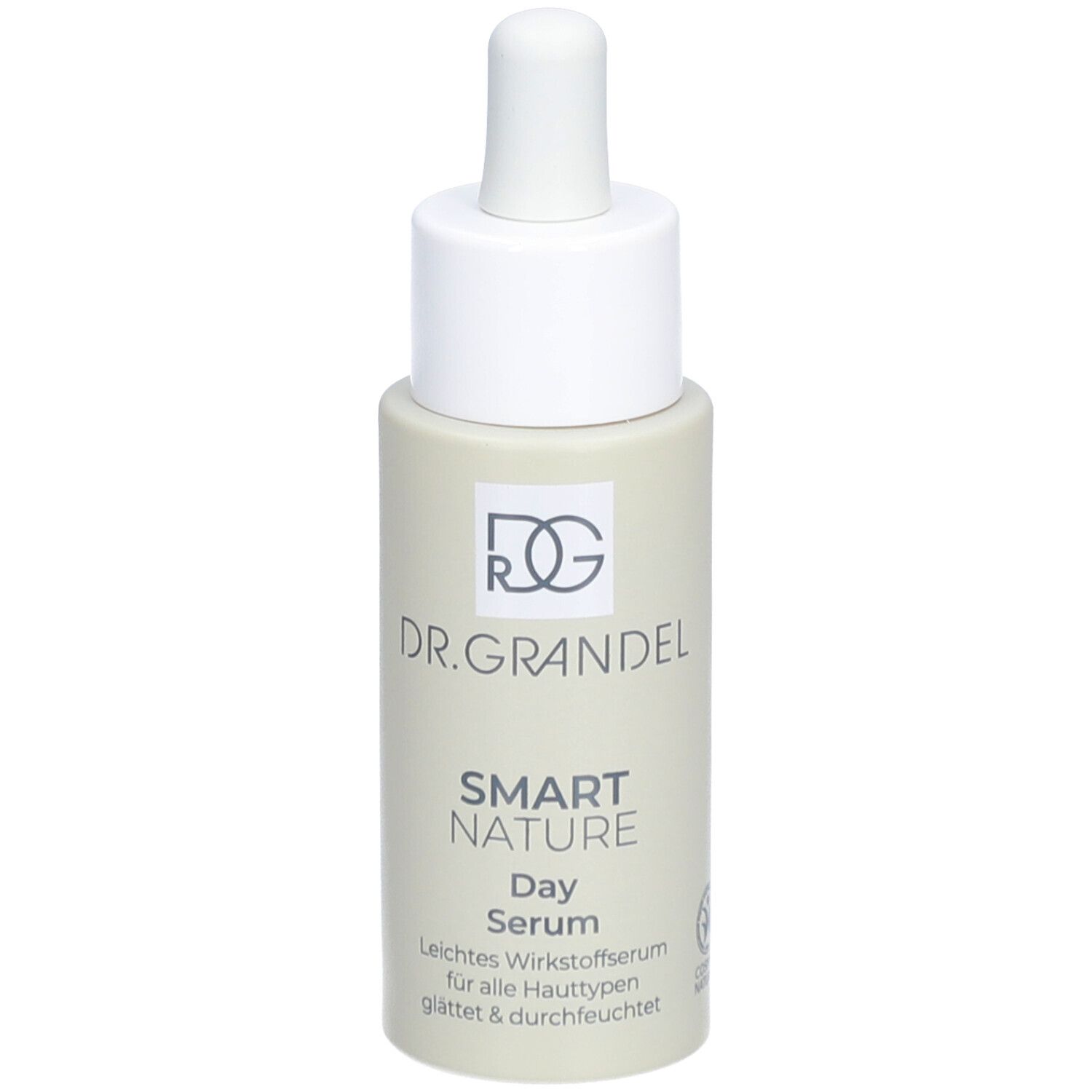 Flacon de sérum beige avec bouchon et pipette blancs. Inscription : DR. GRANDEL, SMART NATURE Day Serum.