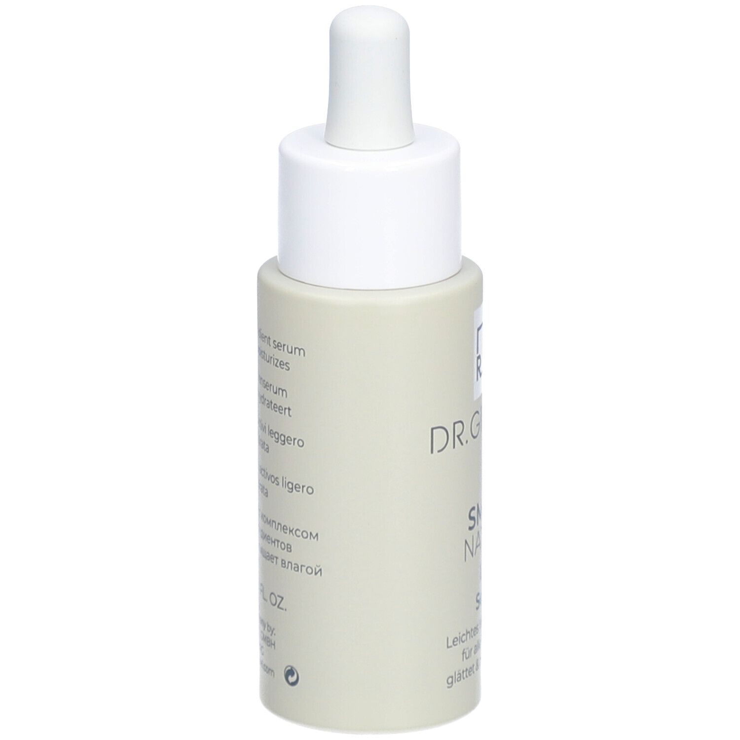 Dos du flacon de sérum beige. Inscription : DR. GRANDEL, SMART NATURE Day Serum. Texte multilingue.