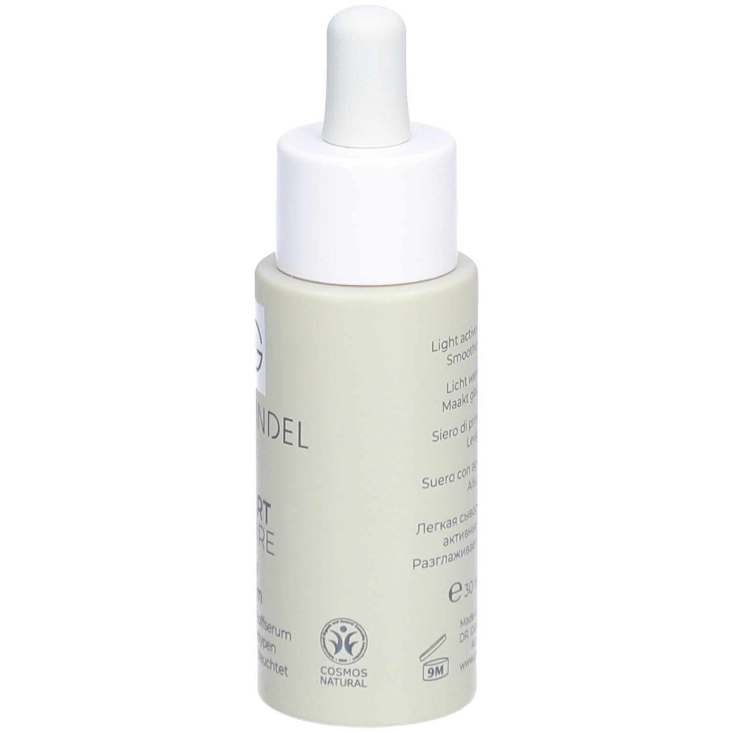 Flacon de sérum beige avec bouchon blanc. Inscription : DR. GRANDEL, SMART NATURE Day Serum. Logo COSMOS NATURAL.