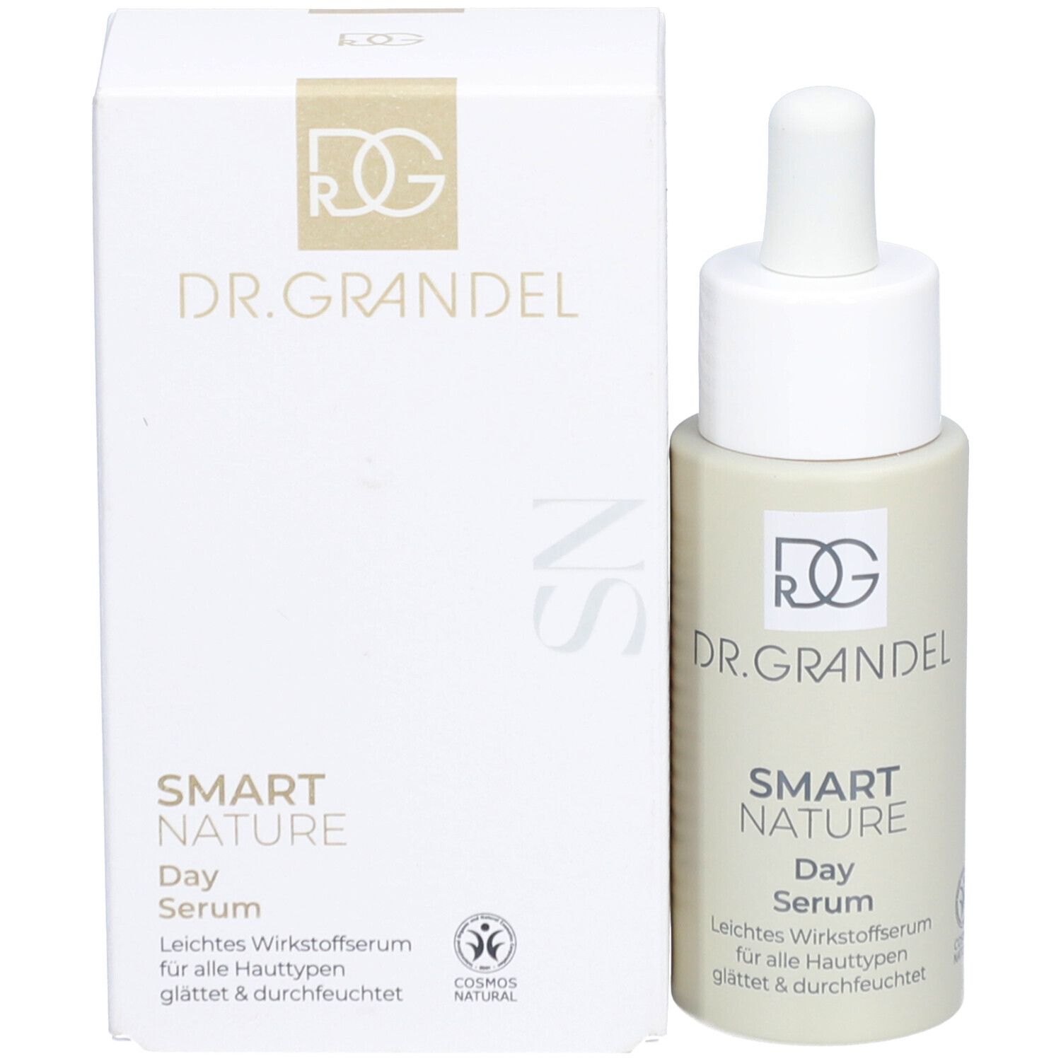 Flacon de sérum et emballage. Inscription : DR. GRANDEL, SMART NATURE Day Serum. Logo COSMOS NATURAL.