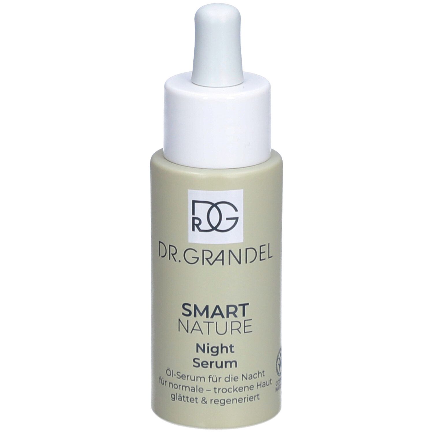 Flacon de sérum avec pipette. Inscription: DR. GRANDEL, SMART NATURE Night Serum. Pour peaux normales à sèches.