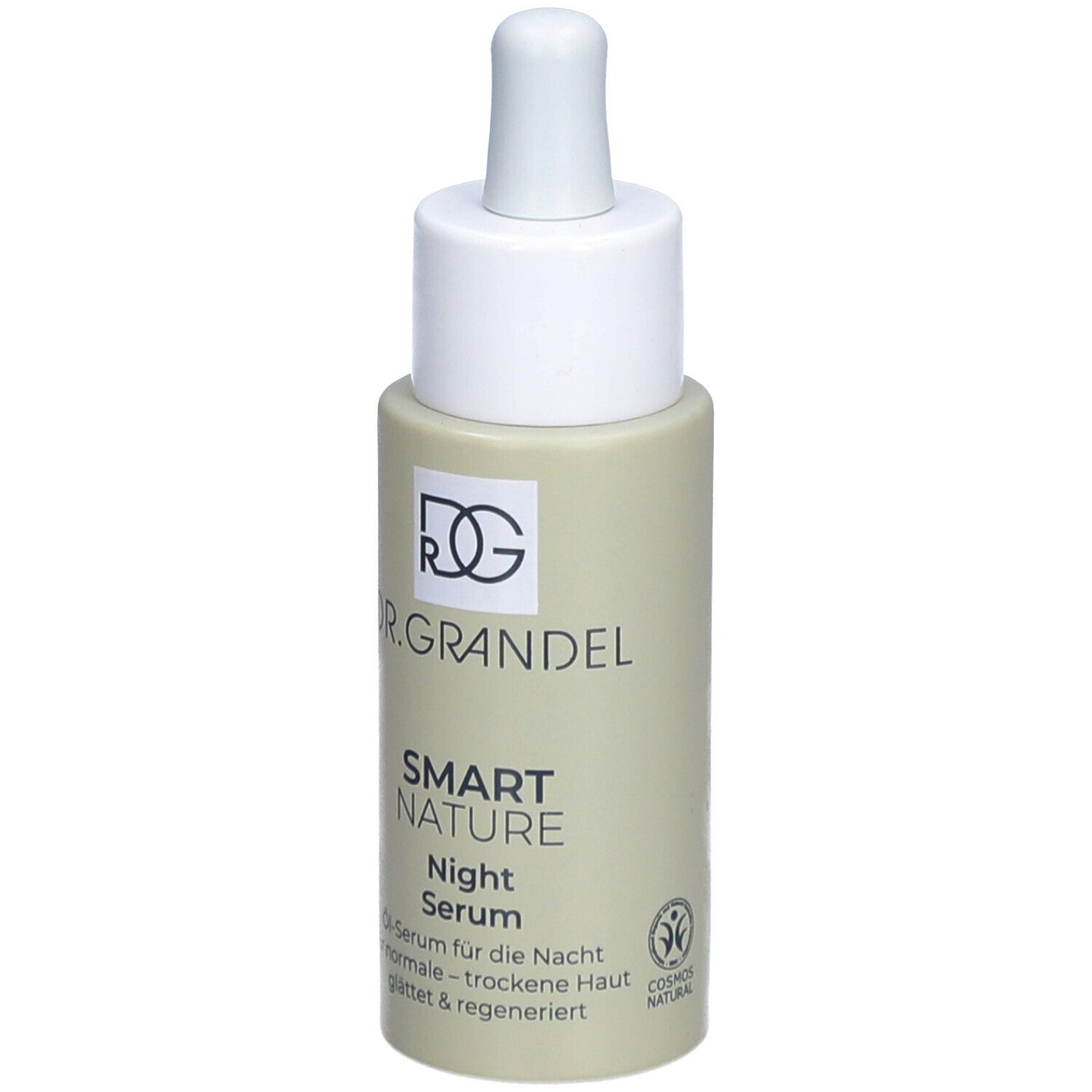 Flacon de sérum avec pipette. Inscription: DR. GRANDEL, SMART NATURE Night Serum. Certification COSMOS NATURAL.