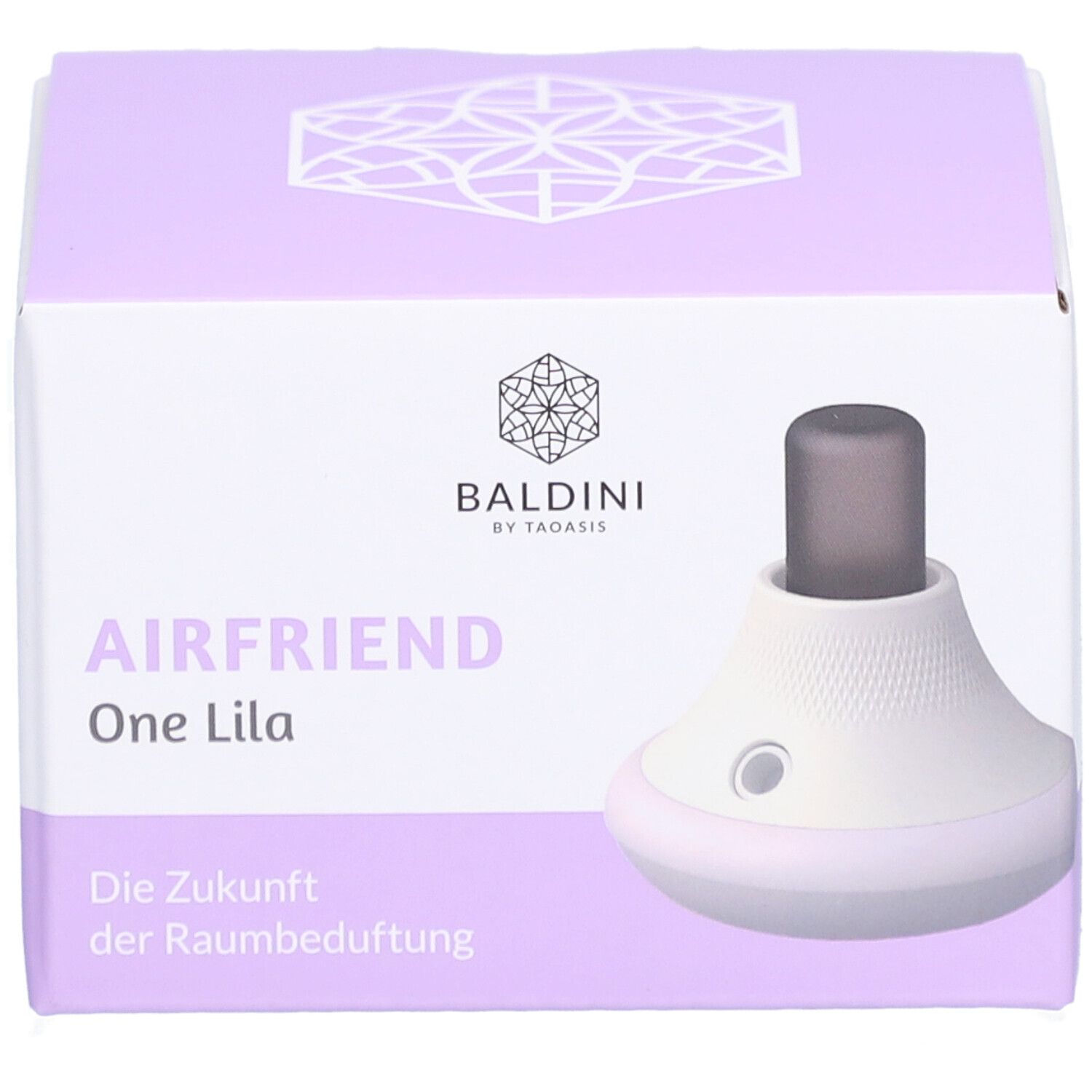 Baldini AirFriend One Lila, diffuseur d'arômes mobile, en emballage. Boîte avec produit et logo.