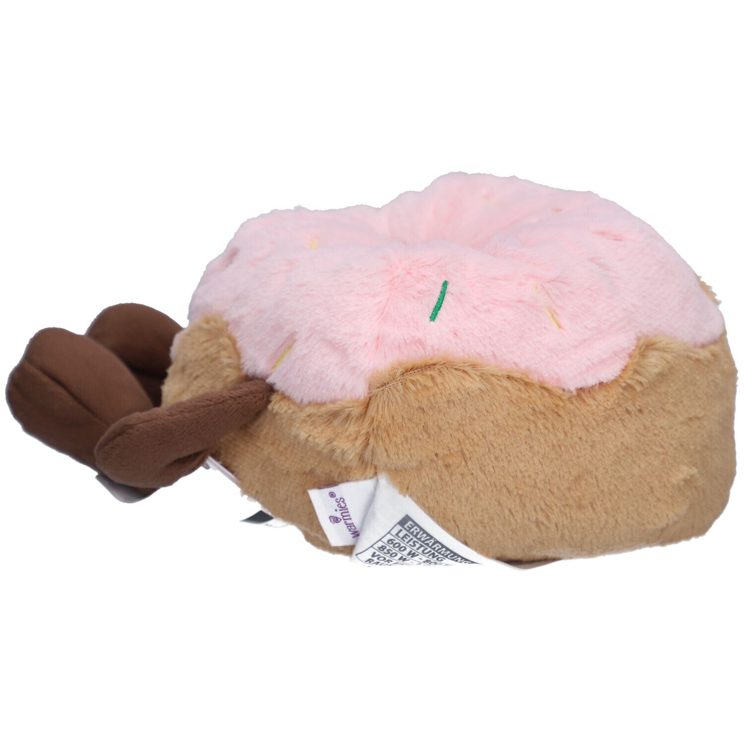 Pluche donut met roze glazuur, met etiket aan de onderkant.