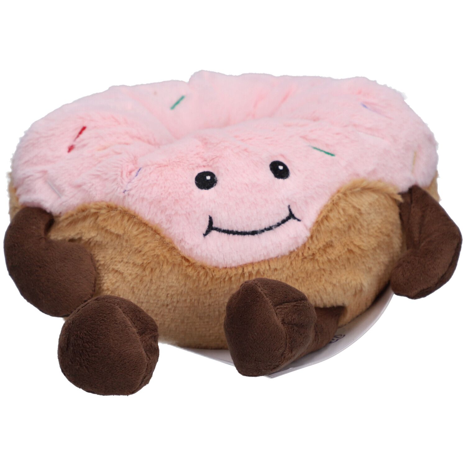 Pluche donut met roze glazuur en bruine ledematen, zittend.