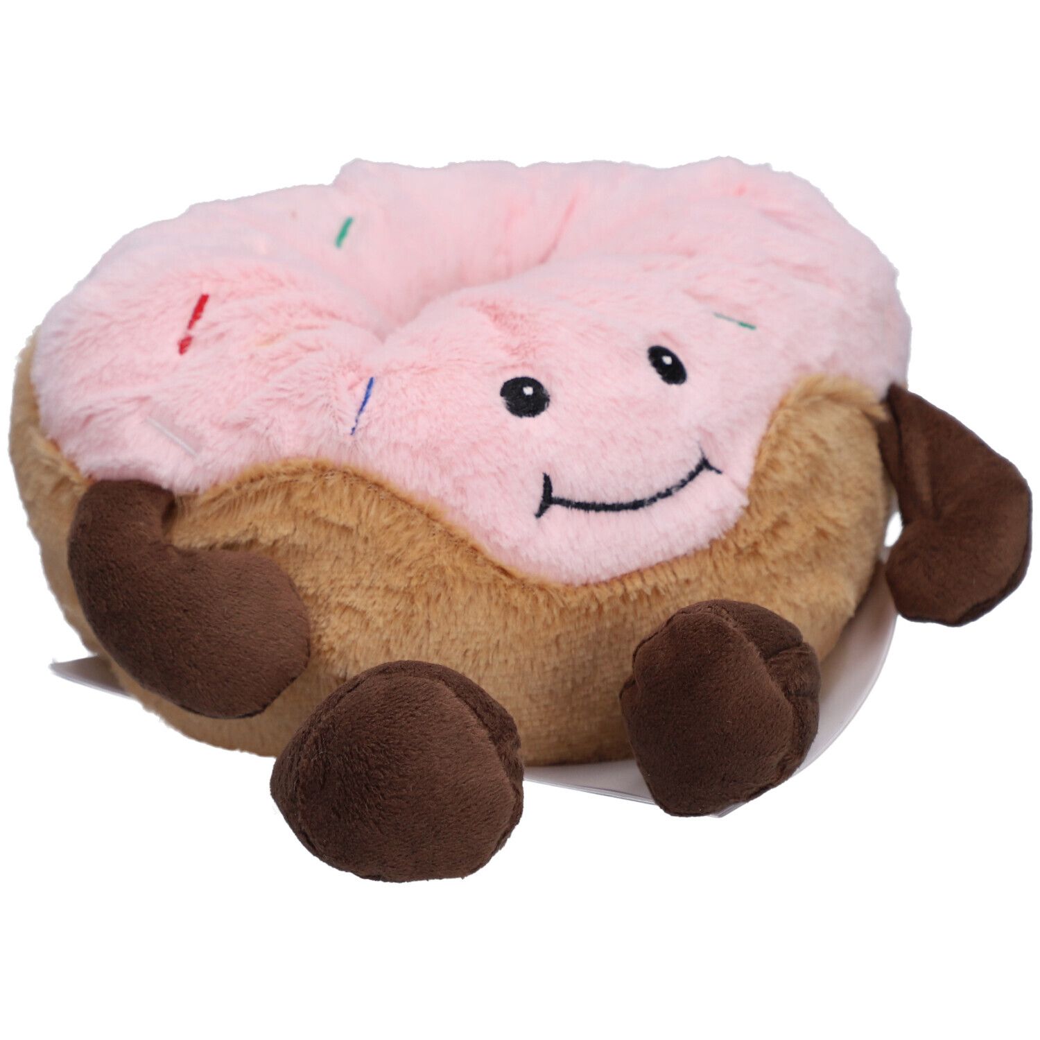 Pluche donut met roze glazuur, lachend gezicht, zittend.