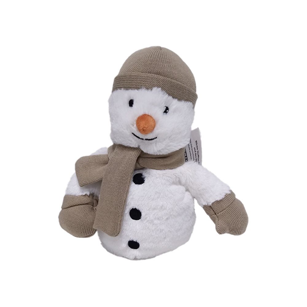 Bonhomme de neige en peluche avec bonnet, écharpe et boutons. Accents marron sur le bonnet, l'écharpe et les mains.