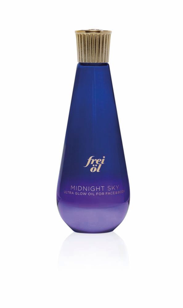 Flacon bleu-violet avec bouchon doré. Inscription : frei öl, Midnight Sky, Ultra Glow Oil.