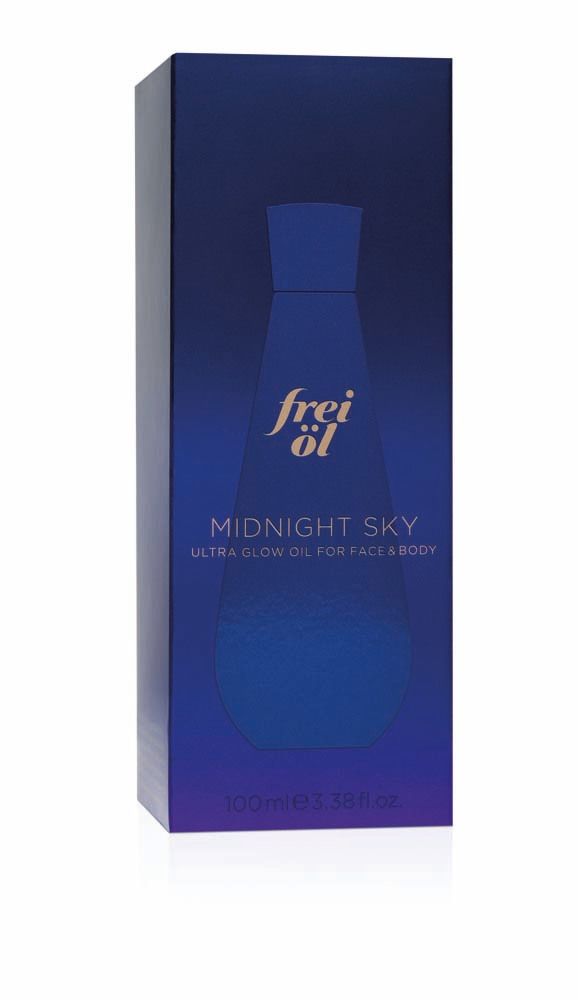 Emballage bleu avec image du produit. Inscription : frei öl, Midnight Sky, Ultra Glow Oil. 100ml.