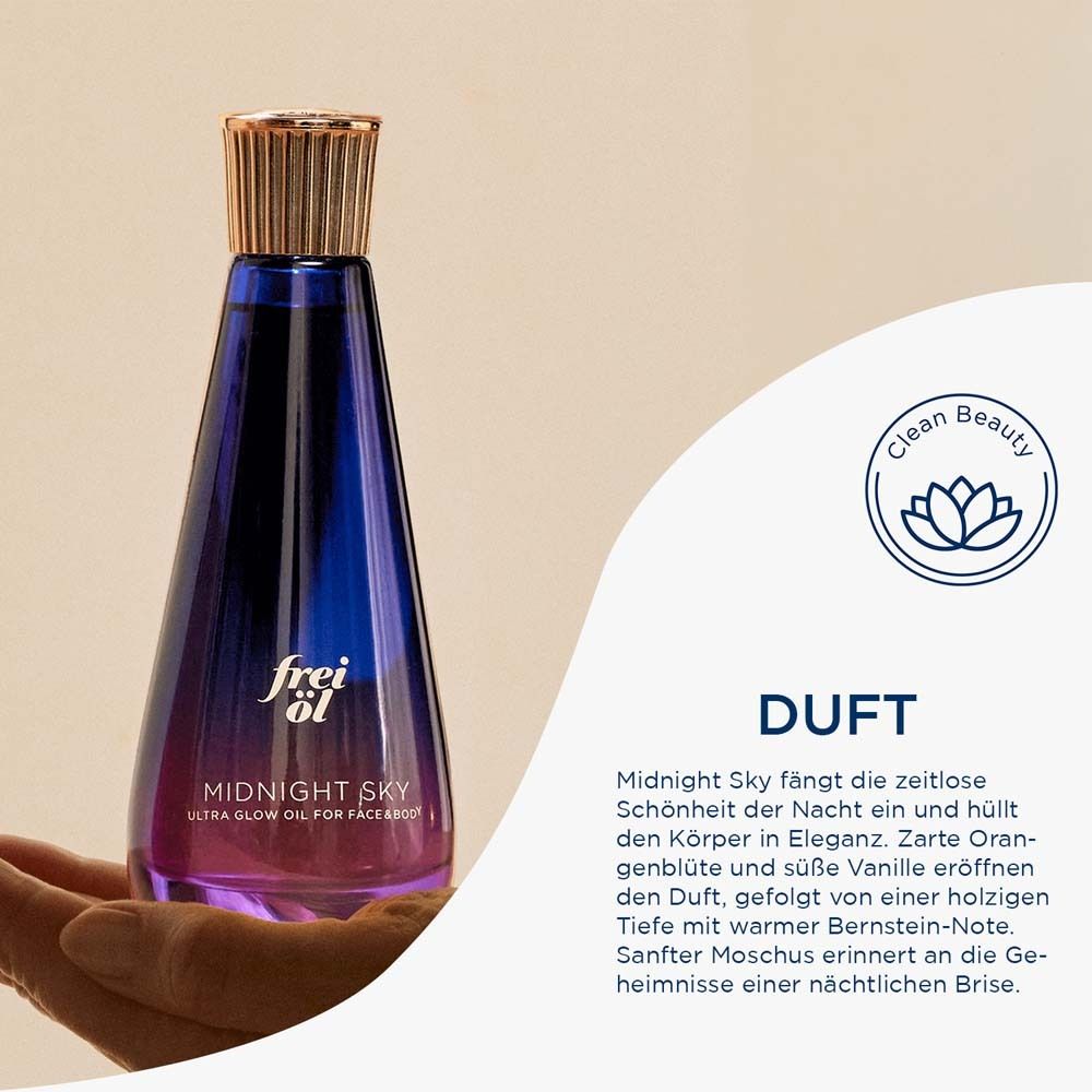 Flacon de produit dans la main. Texte : Parfum, Midnight Sky. Logo : Clean Beauty. Texte sur les ingrédients.