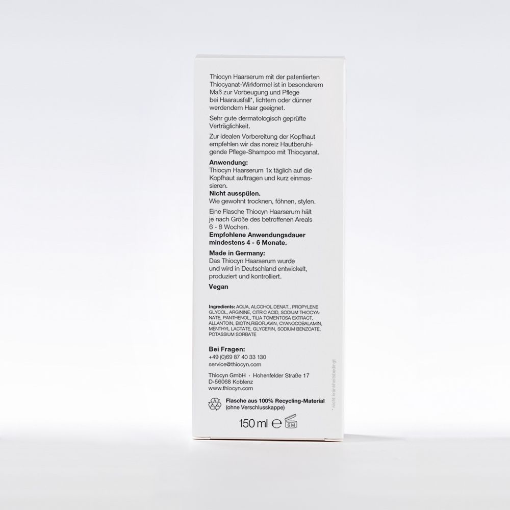 Dos de l'emballage du sérum capillaire Thiocyn. Texte en allemand. 150 ml.