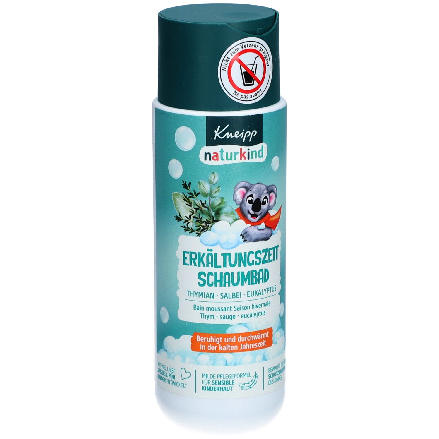 Bain moussant Kneipp Naturkind Erkältungszeit. Flacon avec bouchon vert. Illustration de koala. Contient thym, sauge, eucalyptus.