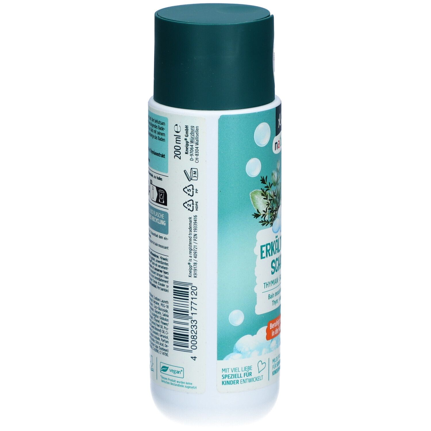 Dos du flacon Kneipp Naturkind Erkältungszeit. Contient des informations sur les ingrédients et le recyclage.