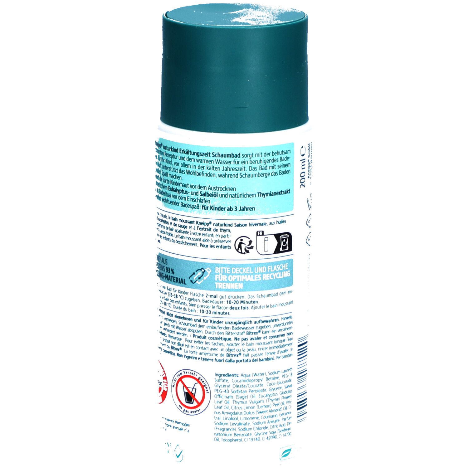 Dos du flacon Kneipp Naturkind Erkältungszeit. Texte avec instructions et ingrédients. 200 ml.